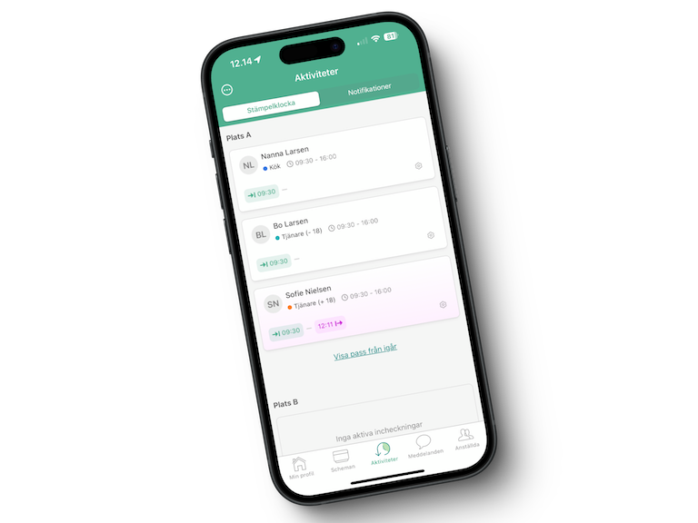 Stämpelklocksaktiviteter i Smartplan-appen